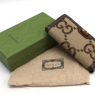 Pre-owned Gucci Beige Dark Brown Canvas Leather Long Wallet (bi-fold) () In Multi