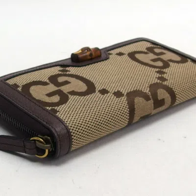 Pre-owned Gucci Beige Dark Brown Canvas Leather Long Wallet (bi-fold) () In Multi