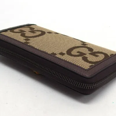 Pre-owned Gucci Beige Dark Brown Canvas Leather Long Wallet (bi-fold) () In Multi