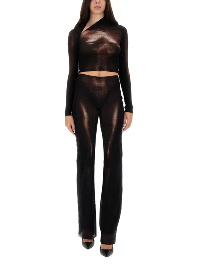 Jean Paul Gaultier High Waist Sheer Trousers With Metallic Finish In Brown