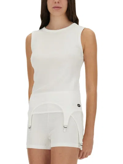 Jean Paul Gaultier Sleeveless Ribbed Knit Top With Garter Hem Detail In White