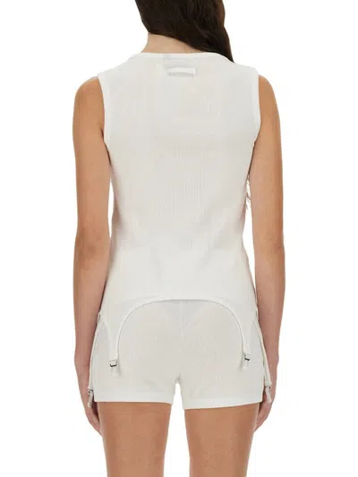 Jean Paul Gaultier Sleeveless Ribbed Knit Top With Garter Hem Detail In White