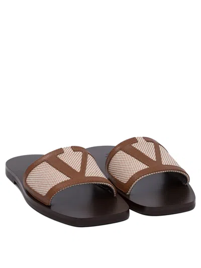 Valentino Star Leather Slide Sandals With Rubber Sole In Brown