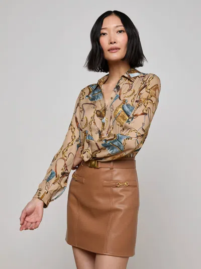 L'agence Nina Chain Print Silk Button-up Shirt In Neutral