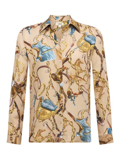 L'agence Nina Chain Print Silk Button-up Shirt In Neutral