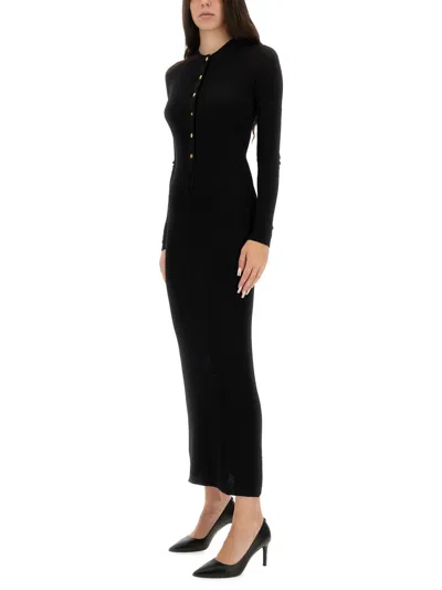 Versace Long Fitted Wool Dress With Gold-tone Button In Black
