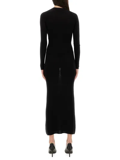 Versace Long Fitted Wool Dress With Gold-tone Button In Black