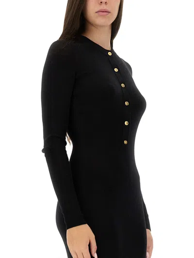 Versace Long Fitted Wool Dress With Gold-tone Button In Black