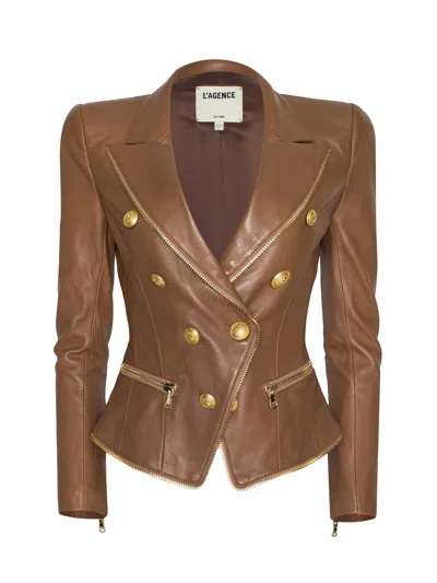 L Agence Ottilie Leather Blazer In Brown