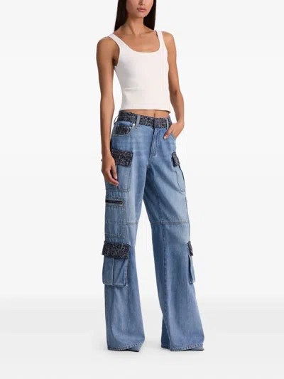 Alice And Olivia Cay Mid Rise Baggy Cargo Jeans In Celine Vintage In Blue