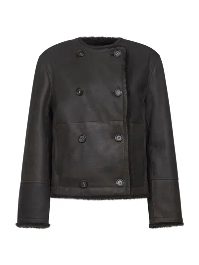 Brunello Cucinelli Reversible Double-breasted Fur Jacket With Button Detailing In Black