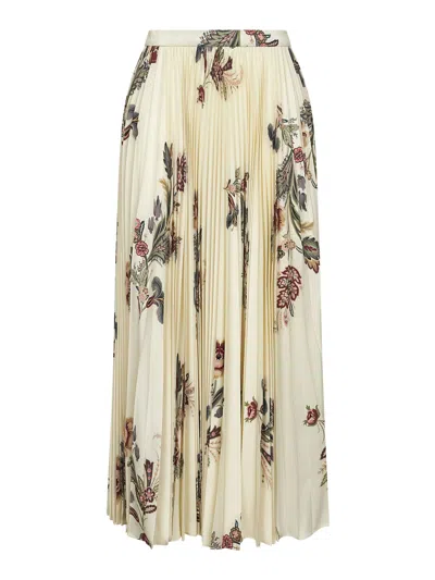 Etro Pleated Midi Skirt With Floral Print In Neutral