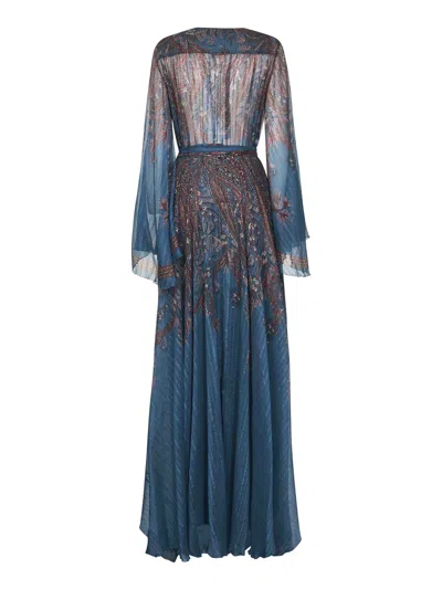 Etro Women Light Blue Paisley Print Pekin Crepon Long Dress