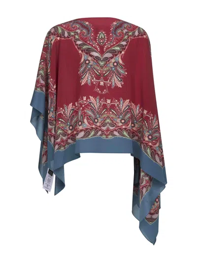 Etro Asymmetric Silk Poncho Top With Placed Print In Red