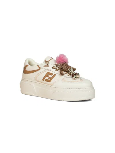 Fendi Match Low Top Platform In White Leather With Charm Women In Multi