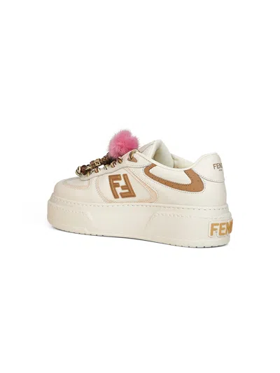 Fendi Match Low Top Platform In White Leather With Charm Women In Multi