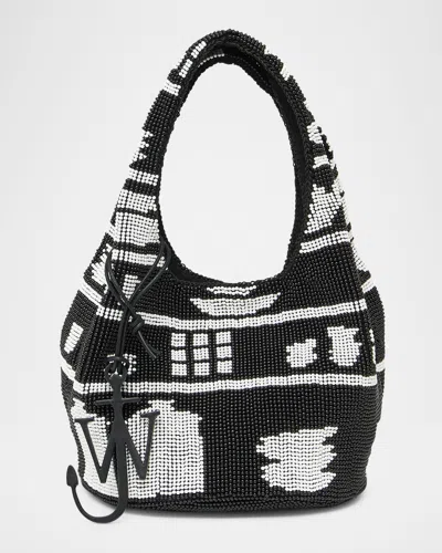 Jw Anderson Mini Beaded Shoulder Bag With Abstract Patterns In Black