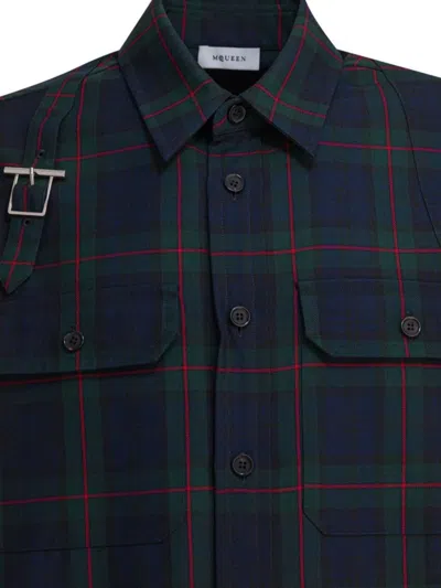 Alexander Mcqueen Classic Tartan Shirt With Metal Buckle Detail And Relaxed Fit In Blue