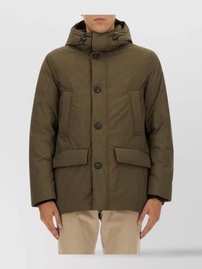Woolrich Hooded Button-fastening Padded Jacket In Brown
