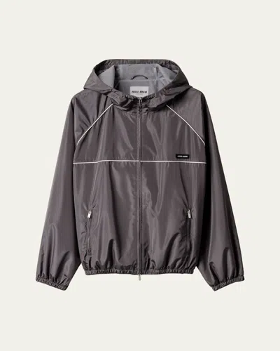 Miu Miu Technical Silk Zipper Blouson Jacket In Gray