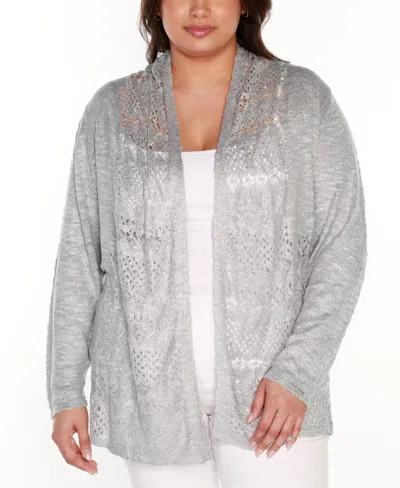 Belldini Plus Size Open-front Pointelle-trim Cardigan Sweater In Gray