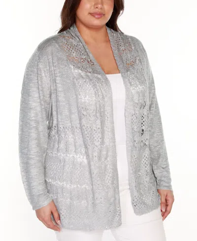 Belldini Plus Size Open-front Pointelle-trim Cardigan Sweater In Gray