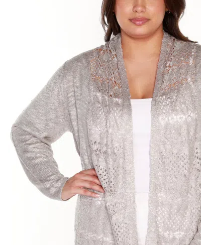 Belldini Plus Size Open-front Pointelle-trim Cardigan Sweater In Gray