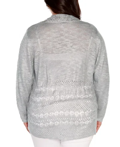 Belldini Plus Size Open-front Pointelle-trim Cardigan Sweater In Gray