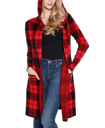 Belldini Women's Hooded Checkered Plaid Coatigan Sweater In Red