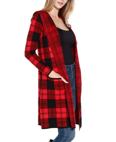 Belldini Women's Hooded Checkered Plaid Coatigan Sweater In Red