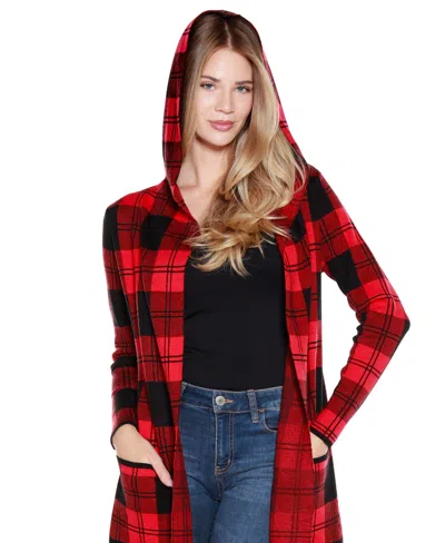 Belldini Women's Hooded Checkered Plaid Coatigan Sweater In Red