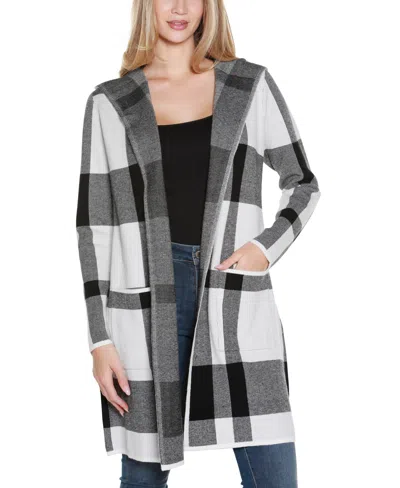 Belldini Women's Hooded Plaid Coatigan Sweater In Black