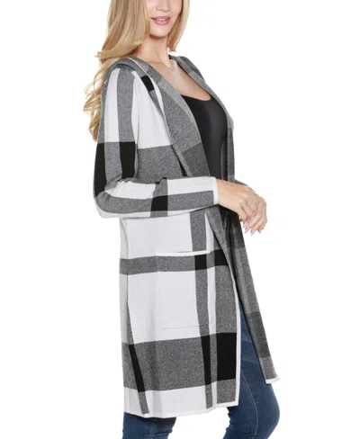 Belldini Women's Hooded Plaid Coatigan Sweater In Black