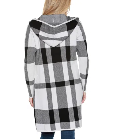 Belldini Women's Hooded Plaid Coatigan Sweater In Black