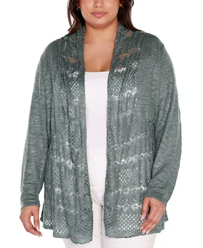 Belldini Plus Size Open-front Pointelle-trim Cardigan Sweater In Gray