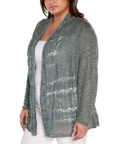 Belldini Plus Size Open-front Pointelle-trim Cardigan Sweater In Gray