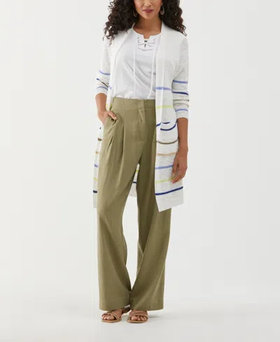 Ella Rafaella Women's Cotton-linen Blend Striped Duster Long Sleeve Cardigan Sweater In White