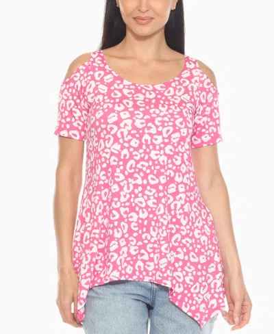 White Mark Women's Cold Shoulder Leopard Print Short Sleeve Top In Pink