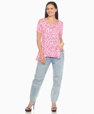 White Mark Women's Cold Shoulder Leopard Print Short Sleeve Top In Pink