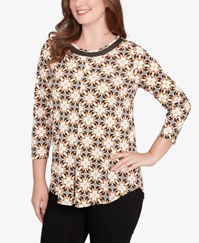 Ruby Rd. Petite Mesh Textured Geo Puff Print Top In Multi