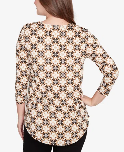 Ruby Rd. Petite Mesh Textured Geo Puff Print Top In Multi