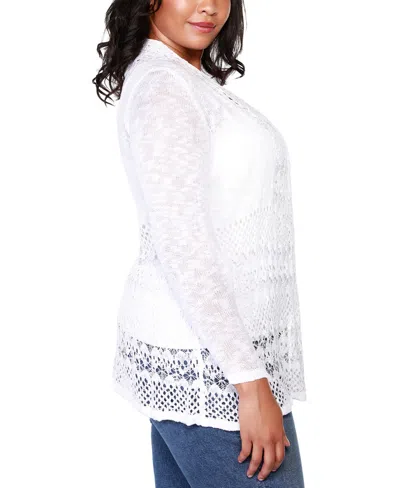 Belldini Plus Size Open-front Pointelle-trim Cardigan Sweater In White