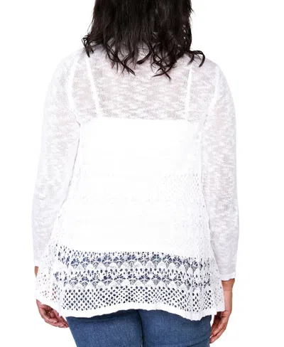 Belldini Plus Size Open-front Pointelle-trim Cardigan Sweater In White