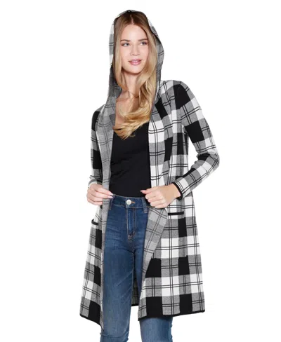 Belldini Women's Hooded Checkered Plaid Coatigan Sweater In Gray