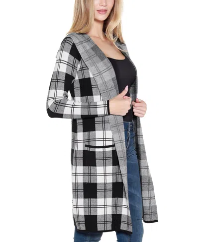 Belldini Women's Hooded Checkered Plaid Coatigan Sweater In Gray