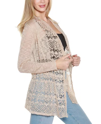 Belldini Women's Open-front Pointelle-trim Cardigan Sweater In Neutral