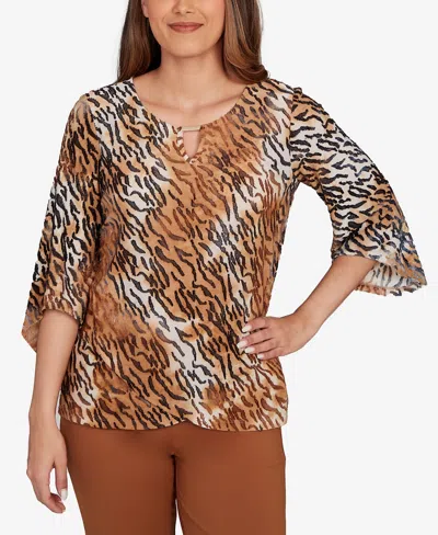 Ruby Rd. Petite Tie Dye Zebra Jacquard Textured Top In Brown