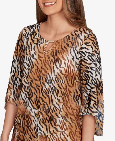 Ruby Rd. Petite Tie Dye Zebra Jacquard Textured Top In Brown