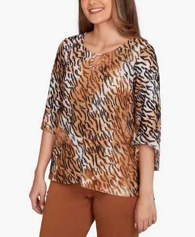 Ruby Rd. Petite Tie Dye Zebra Jacquard Textured Top In Brown