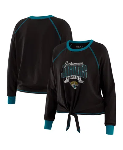 Wear By Erin Andrews Women's Black/teal Jacksonville Jaguars Tie-front Long Sleeve Top In Multi